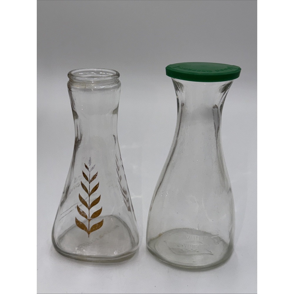 Vintage GOOD SEASONS Salad Dressing Cruet Bottles -Lot of 2 One W/Green Lid Gold